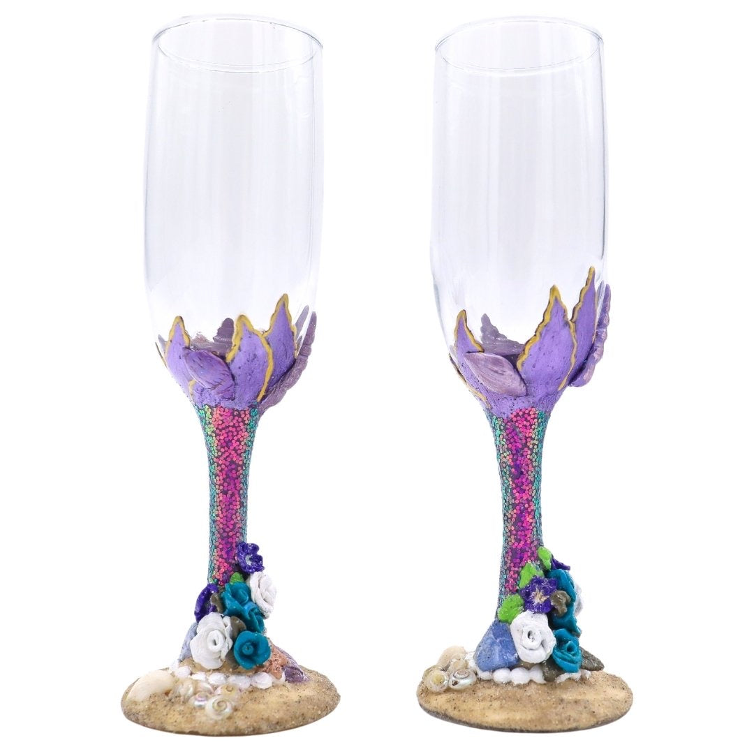 Mermaid Champagne Flutes Set – Seashell Beach Wedding Glasses, Hand Sculpted Polymer Clay, One of a Kind