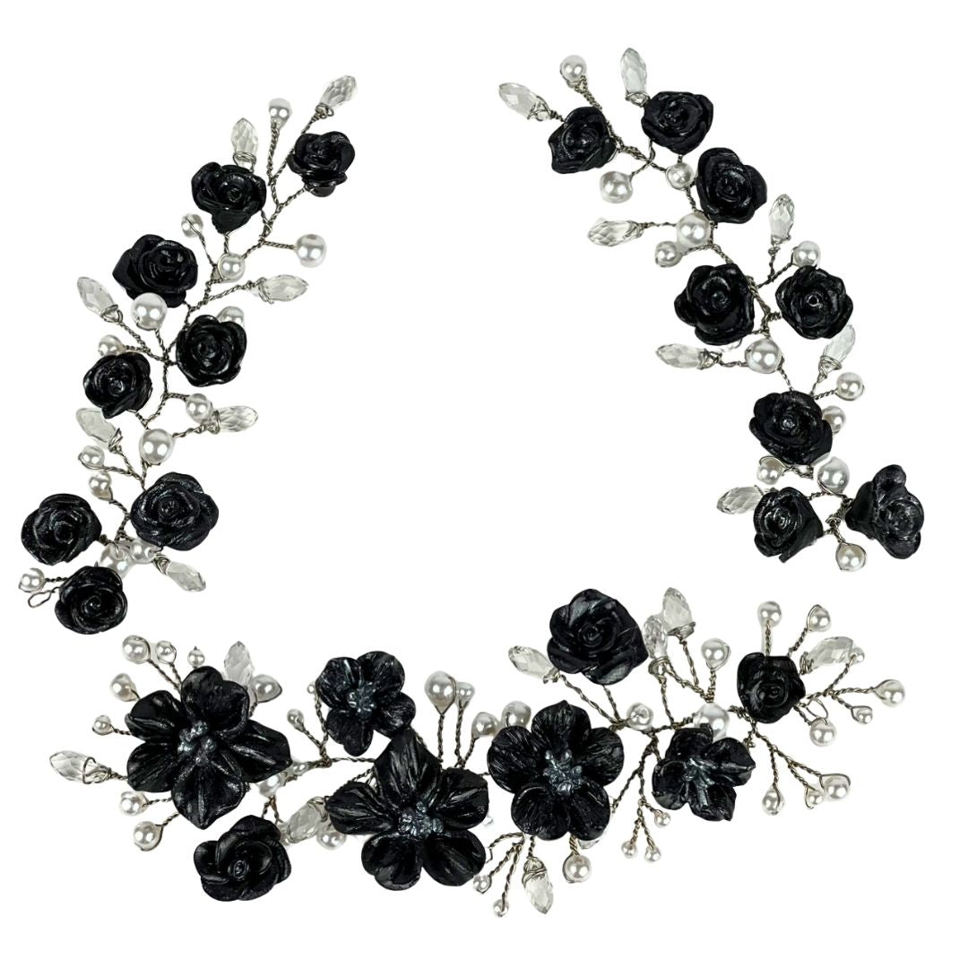 Gothic bridal hair accessories set of three with hand sculpted black polymer clay flowers, white pearls, and teardrop crystals