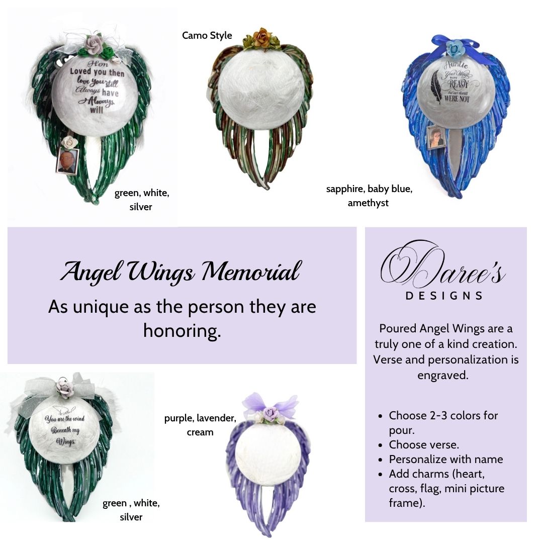 Angel wings memorial ornament customization guide showing color combinations, engraved verse examples, and optional photo charm additions
