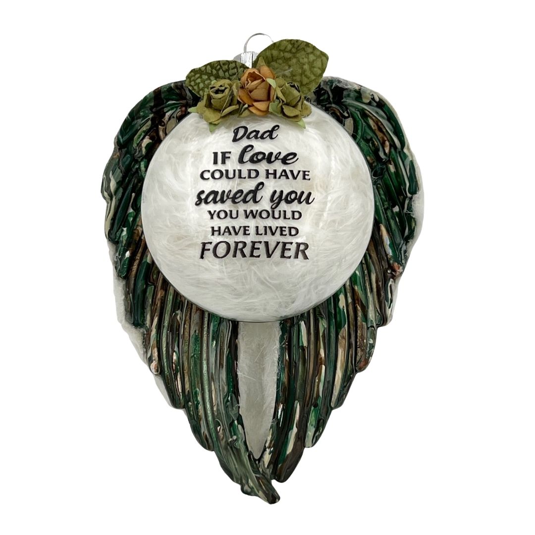 Camouflage angel wings memorial ornament for dad with engraved verse custom acrylic remembrance display