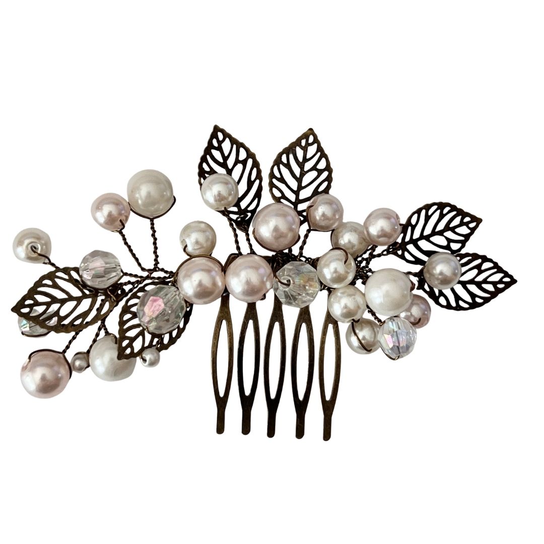 Antique brass bridal hair comb with ivory and blush pearls, crystals, and leaf details