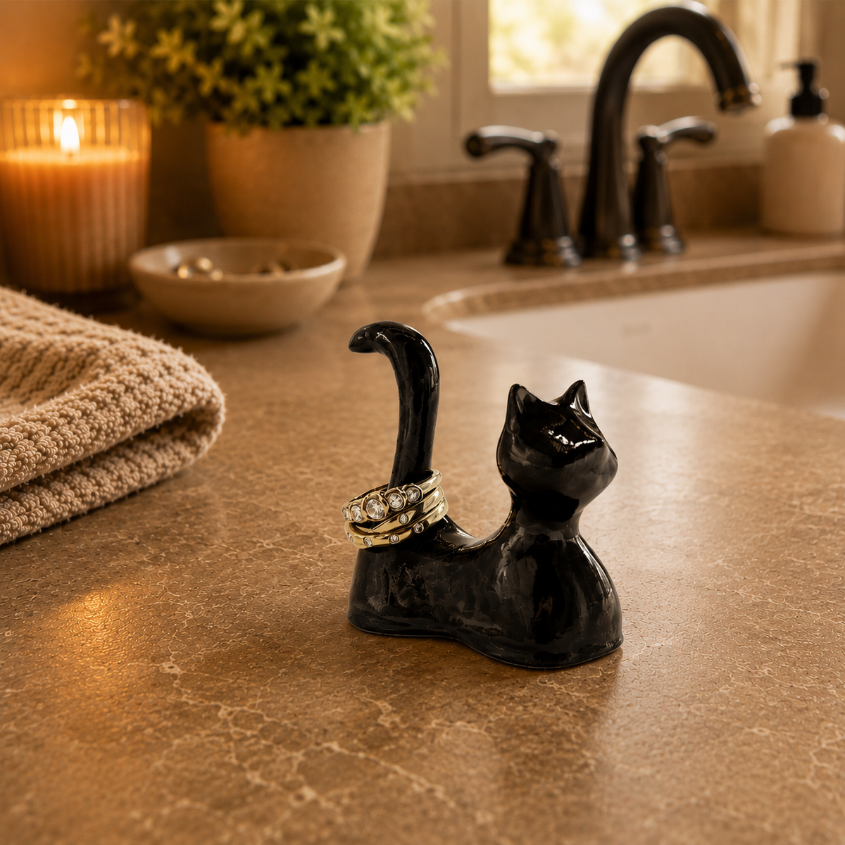 Hand sculpted black cat ring holder holding rings on a bathroom counter beside a sink
