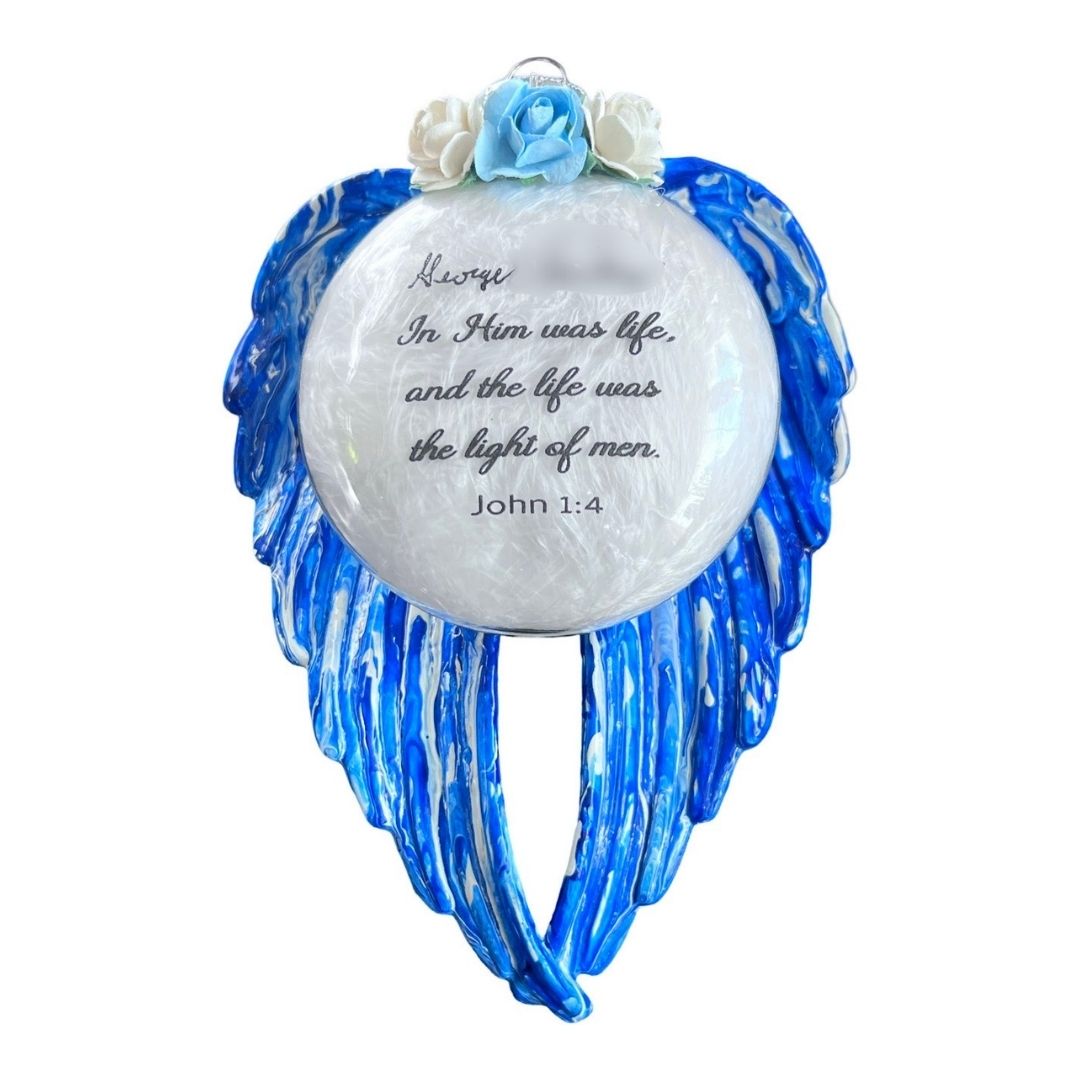 Dark and light blue angel wings memorial ornament with engraved bible verse custom acrylic remembrance piece