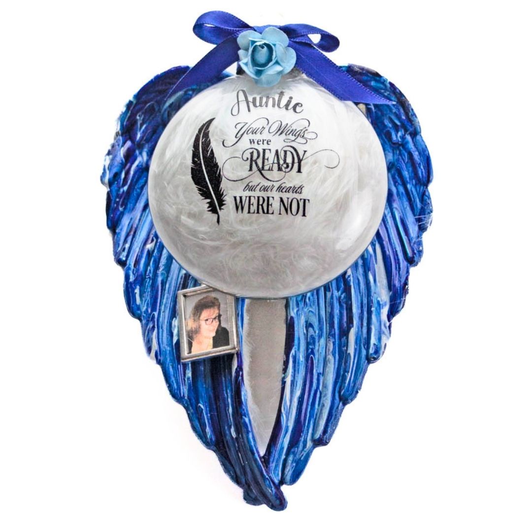 Blue angel wings memorial ornament with engraved verse and photo charm, custom acrylic remembrance display