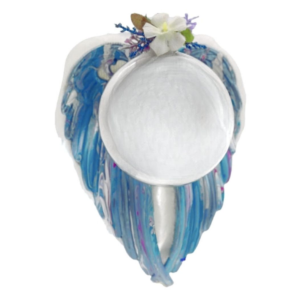 Blue and lavender angel wings memorial ornament showing blank glass ornament ready for custom engraving