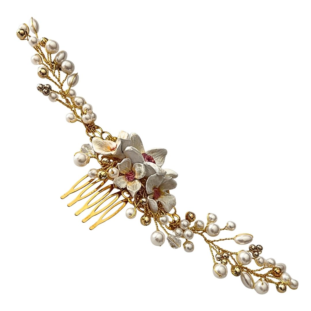 Candlelight White Blossom & Ivory Pearl Bridal Hair Comb | Hand-Sculpted Clay Flowers | Gold Vine | Ready to Ship
