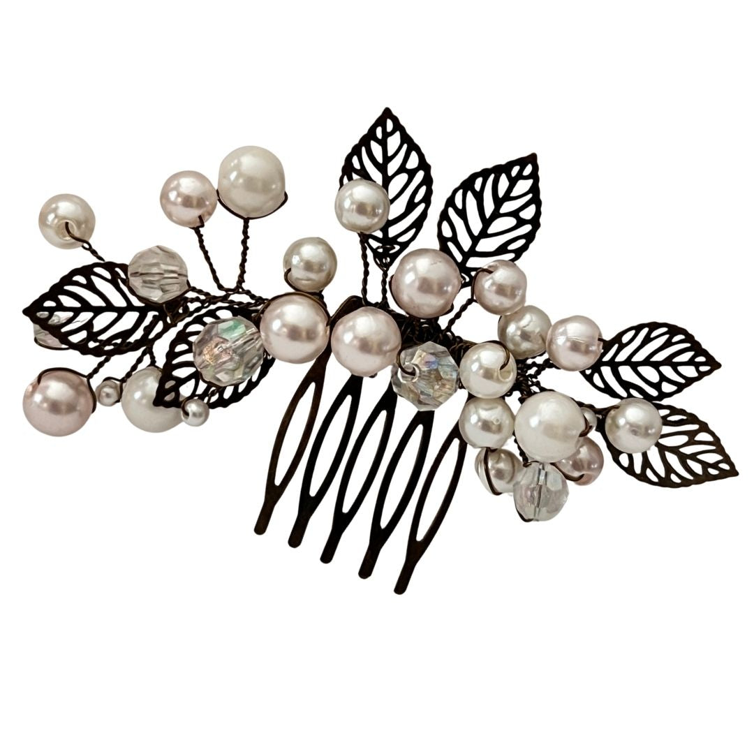 Side view of antique brass bridal hair comb with pearl clusters and crystal accents