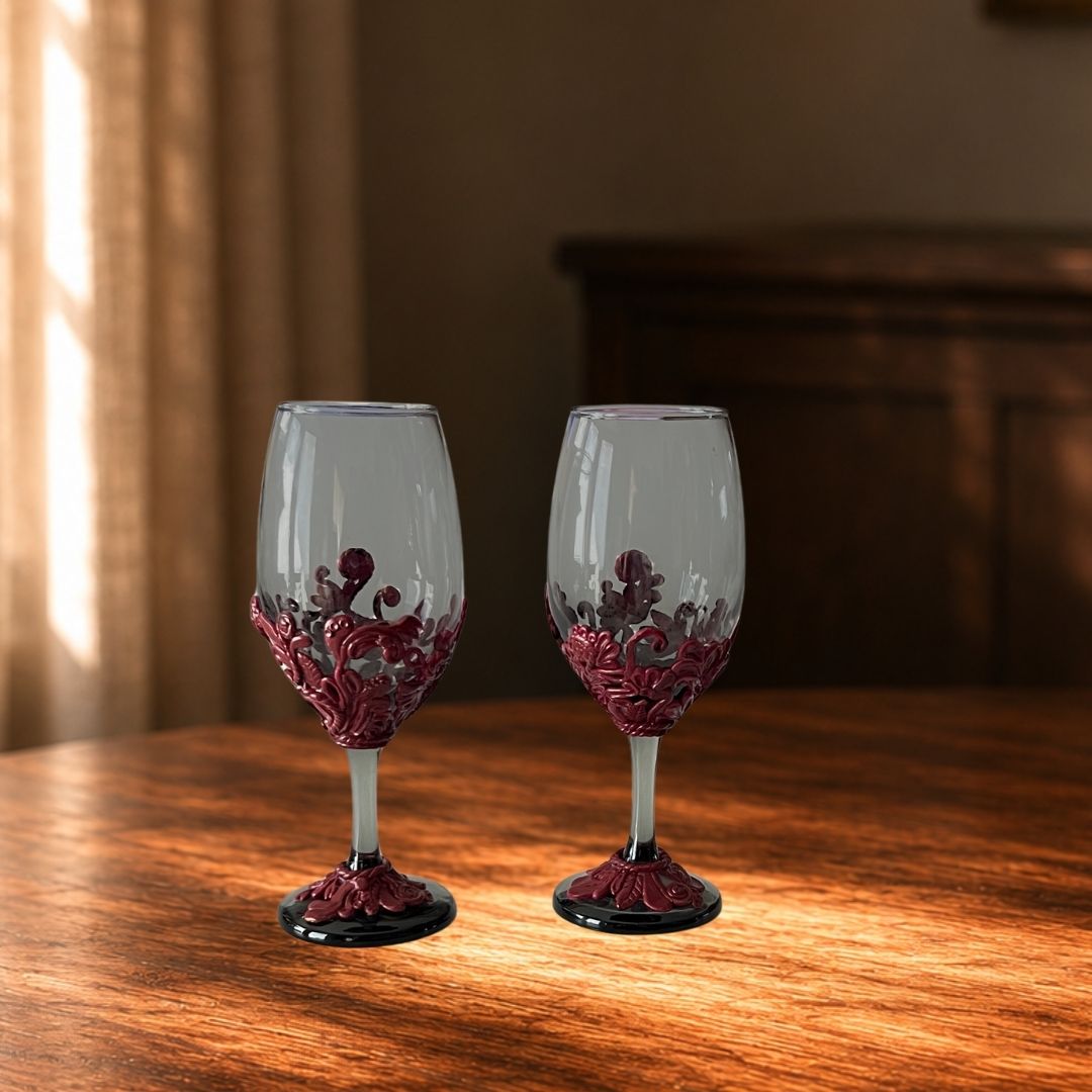 Hand sculpted burgundy wine glasses set of 2 on smoky black stemware
