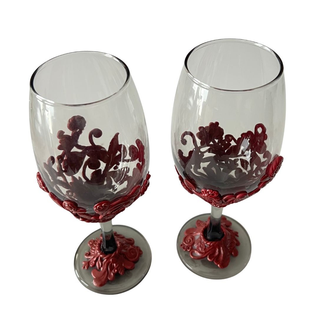 Top view of hand sculpted burgundy wine glasses set of 2