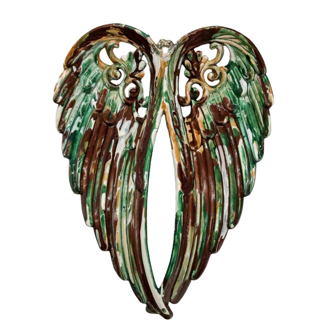 Camouflage angel wings memorial base in green, brown, tan, and cream acrylic pour design