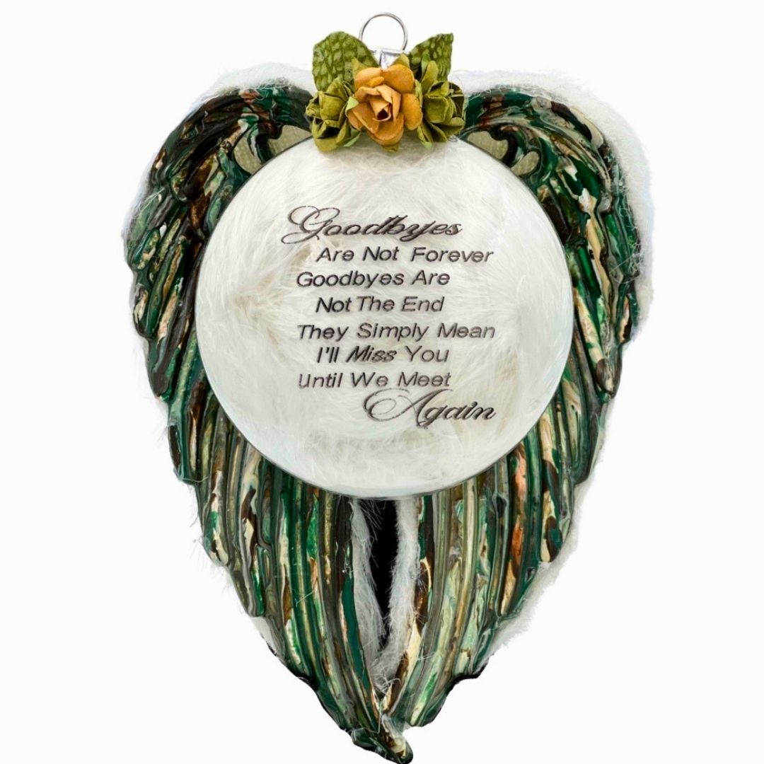 Camouflage angel wings memorial ornament with engraved Goodbyes Are Not Forever verse and laser engraved glass ornament center