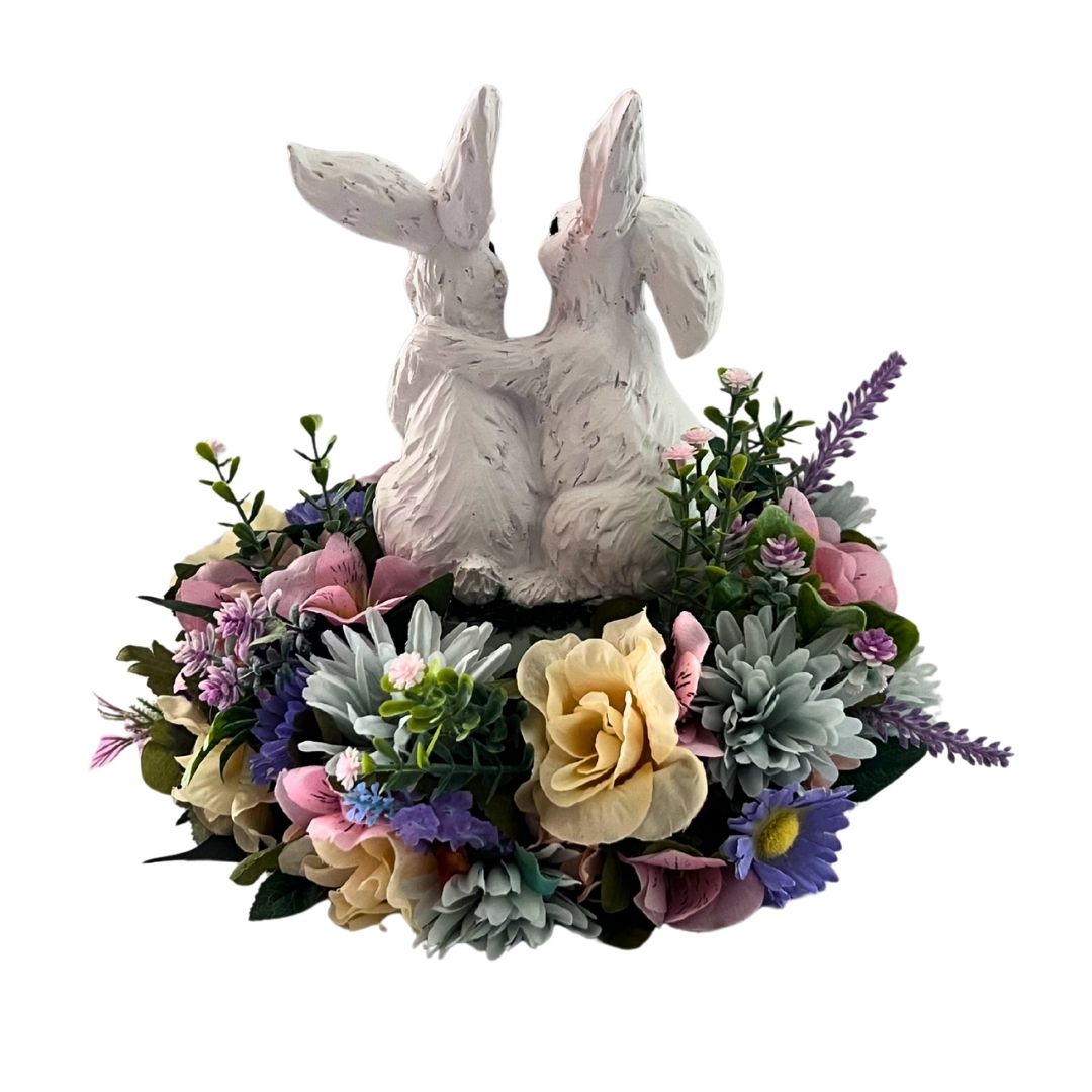 Spring Bunny Floral Centerpiece with Fairy Lights - Whimsical Table Decor
