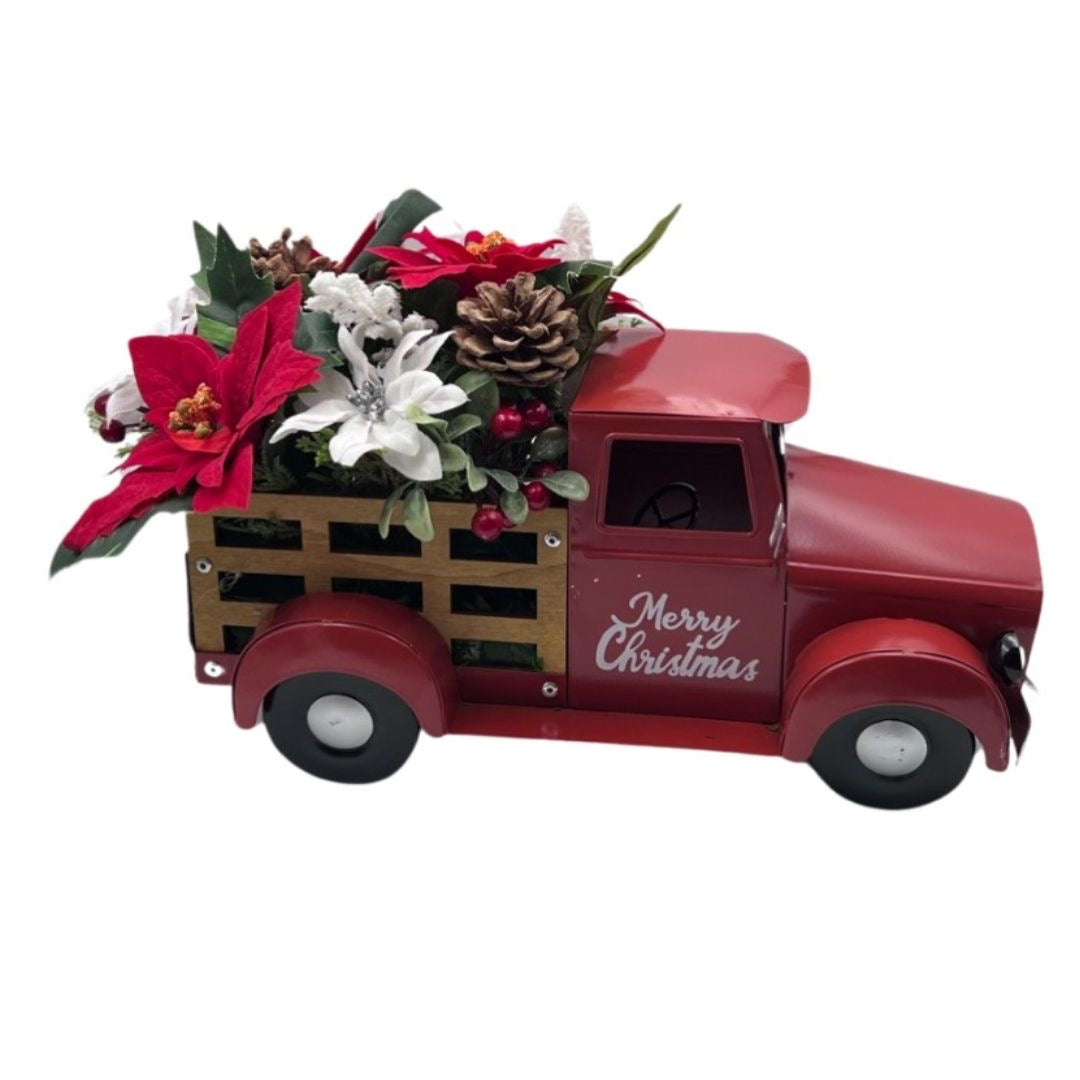 Collage showing Daree’s Designs vintage red Christmas truck centerpiece with poinsettias, pinecones, berries, and holiday greenery.
