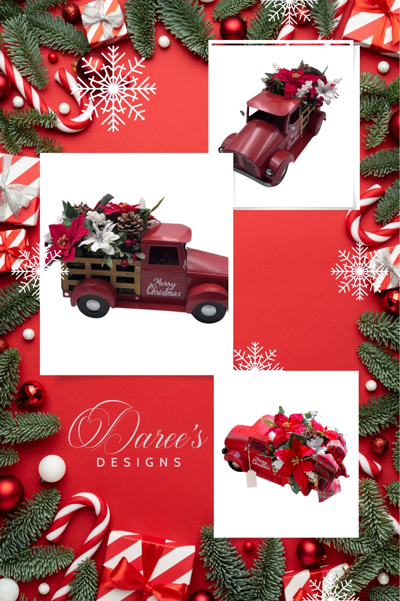 Collage showing Daree’s Designs vintage red Christmas truck centerpiece with poinsettias, pinecones, berries, and holiday greenery.
