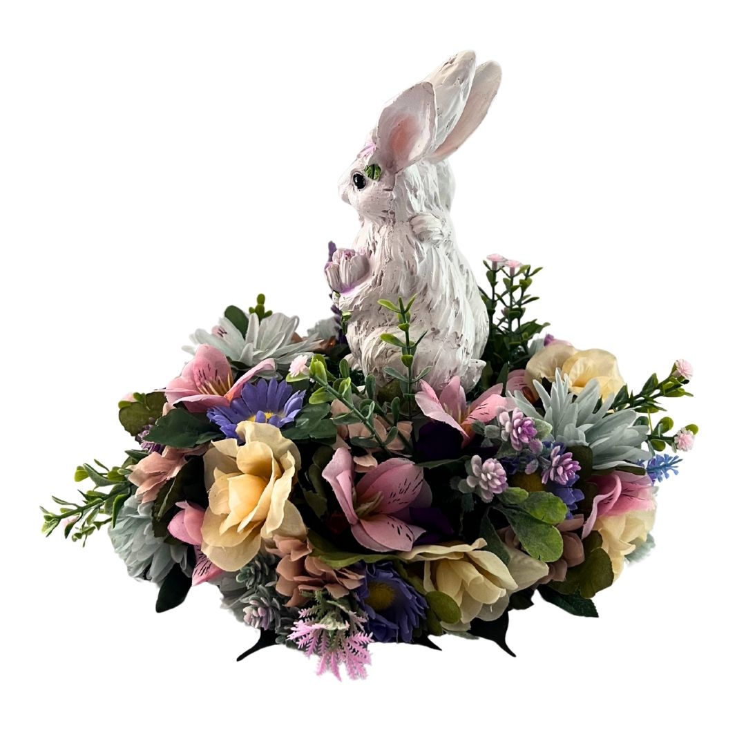 Spring Bunny Floral Centerpiece with Fairy Lights - Whimsical Table Decor
