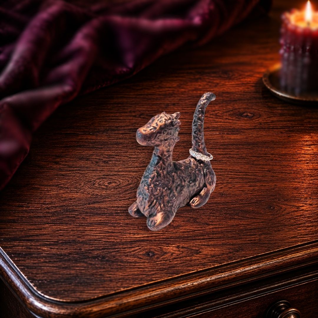 Hand sculpted bronze toned dragon ring holder displayed on a dark wood nightstand with candlelight and velvet fabric