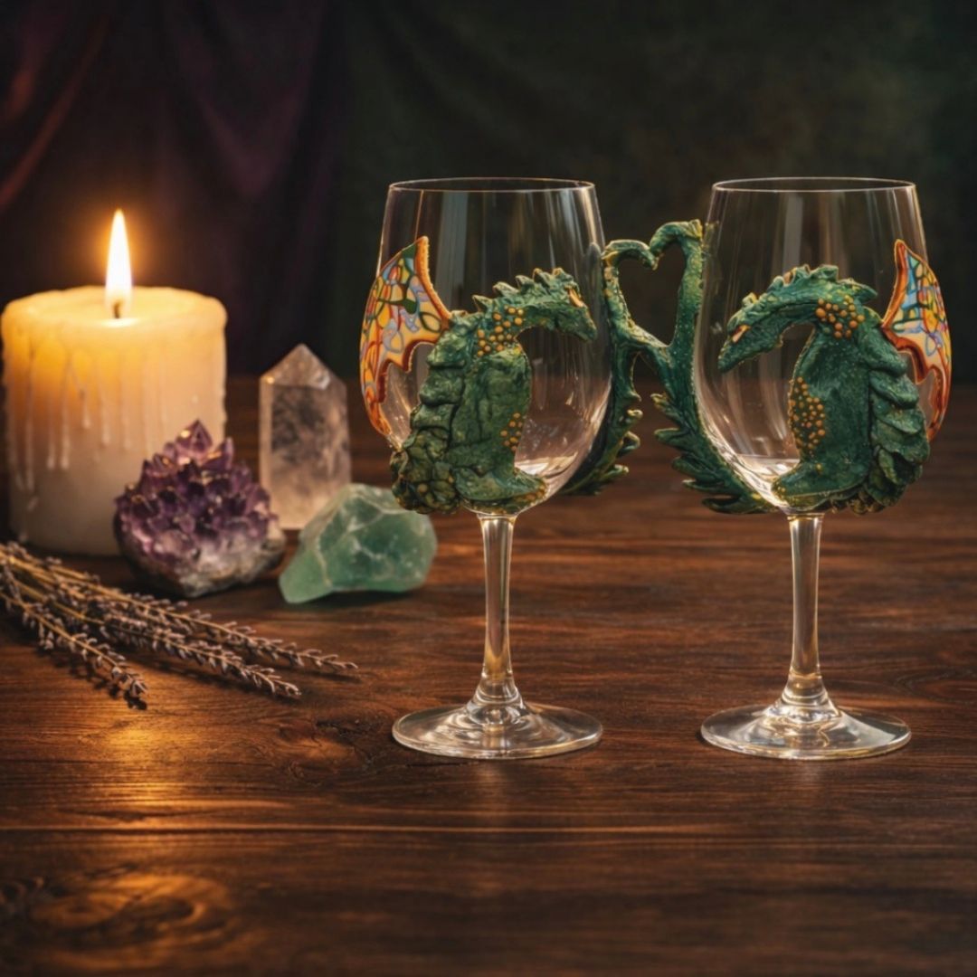 Hand sculpted green dragon wine glasses on a wooden table with candlelight, featuring detailed dragon designs 