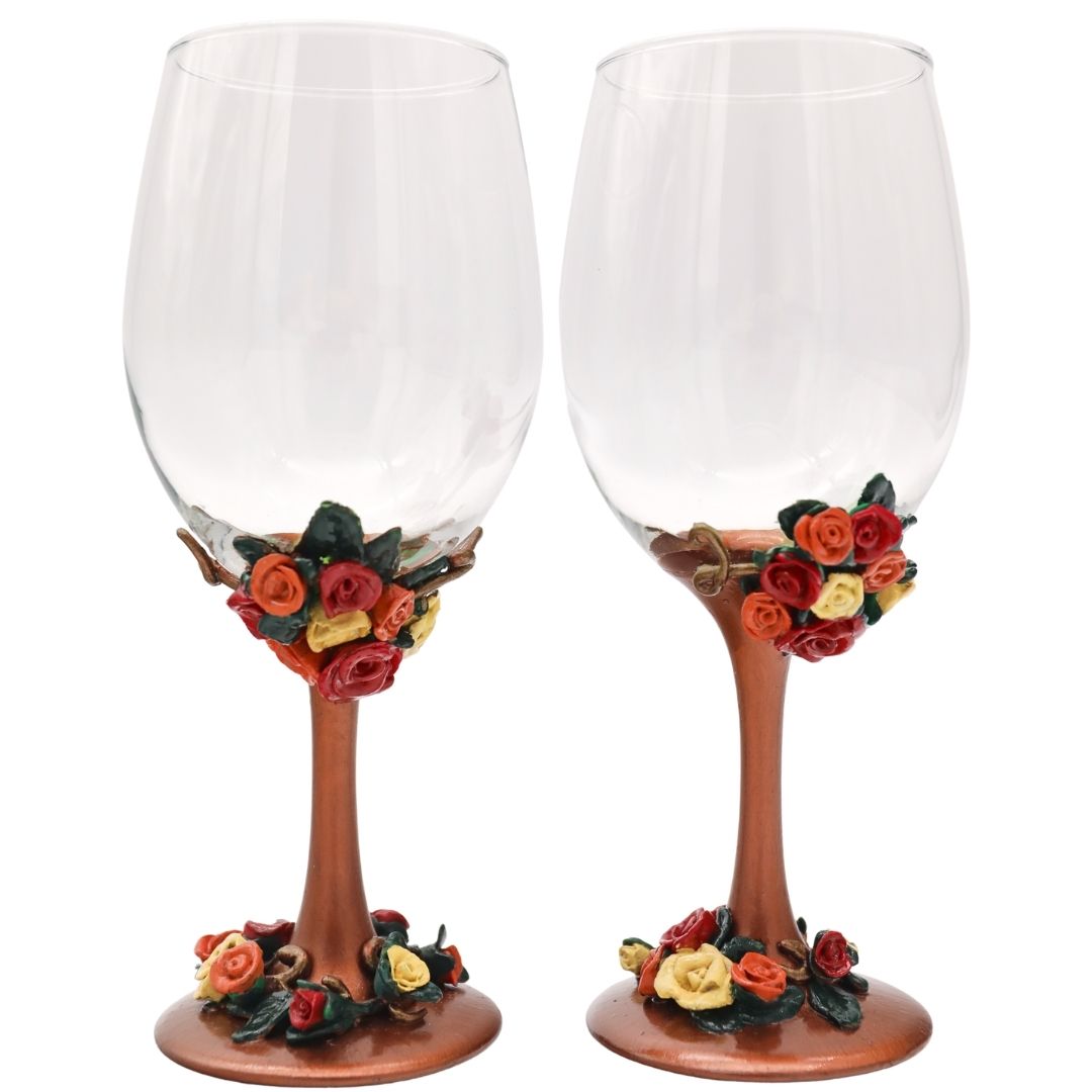 Wine Glass Set Floral Stem Wedding Anniversary Gift Custom Colors