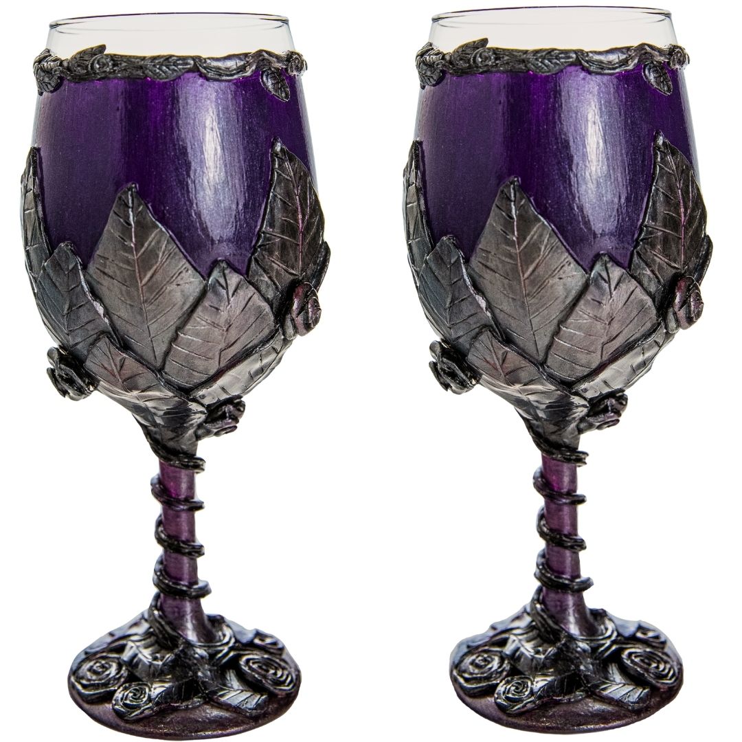 Gothic Wine Glasses | Pewter & Purple Sculpted Leaves and Roses | Handmade Set of 2