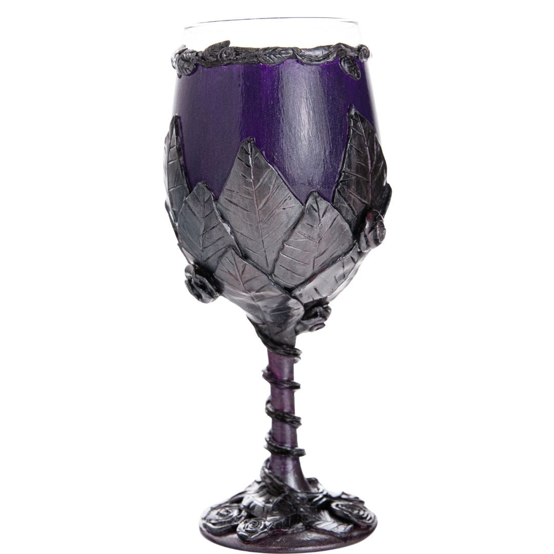 Gothic Wine Glasses | Pewter & Purple Sculpted Leaves and Roses | Handmade Set of 2