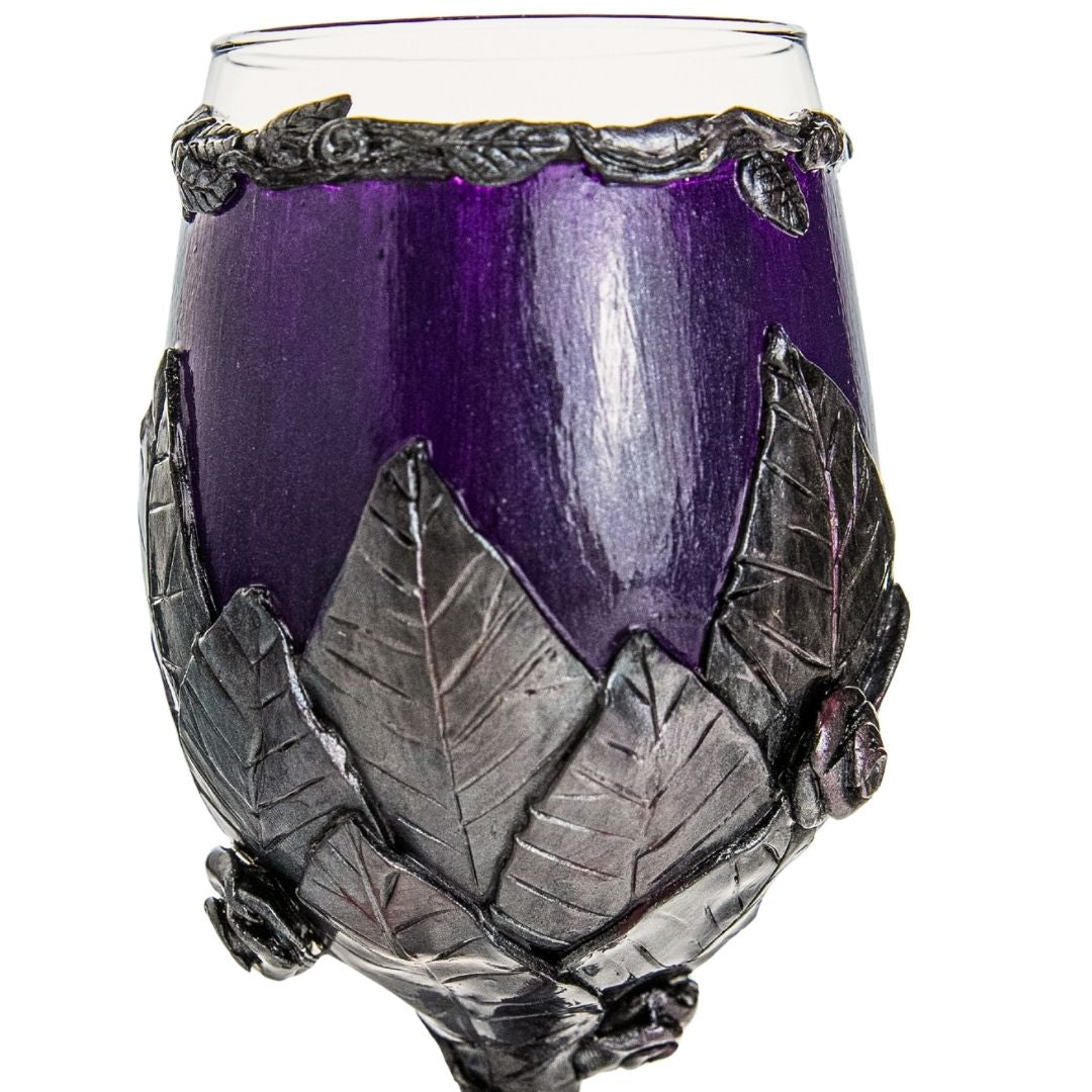 Gothic Wine Glasses | Pewter & Purple Sculpted Leaves and Roses | Handmade Set of 2