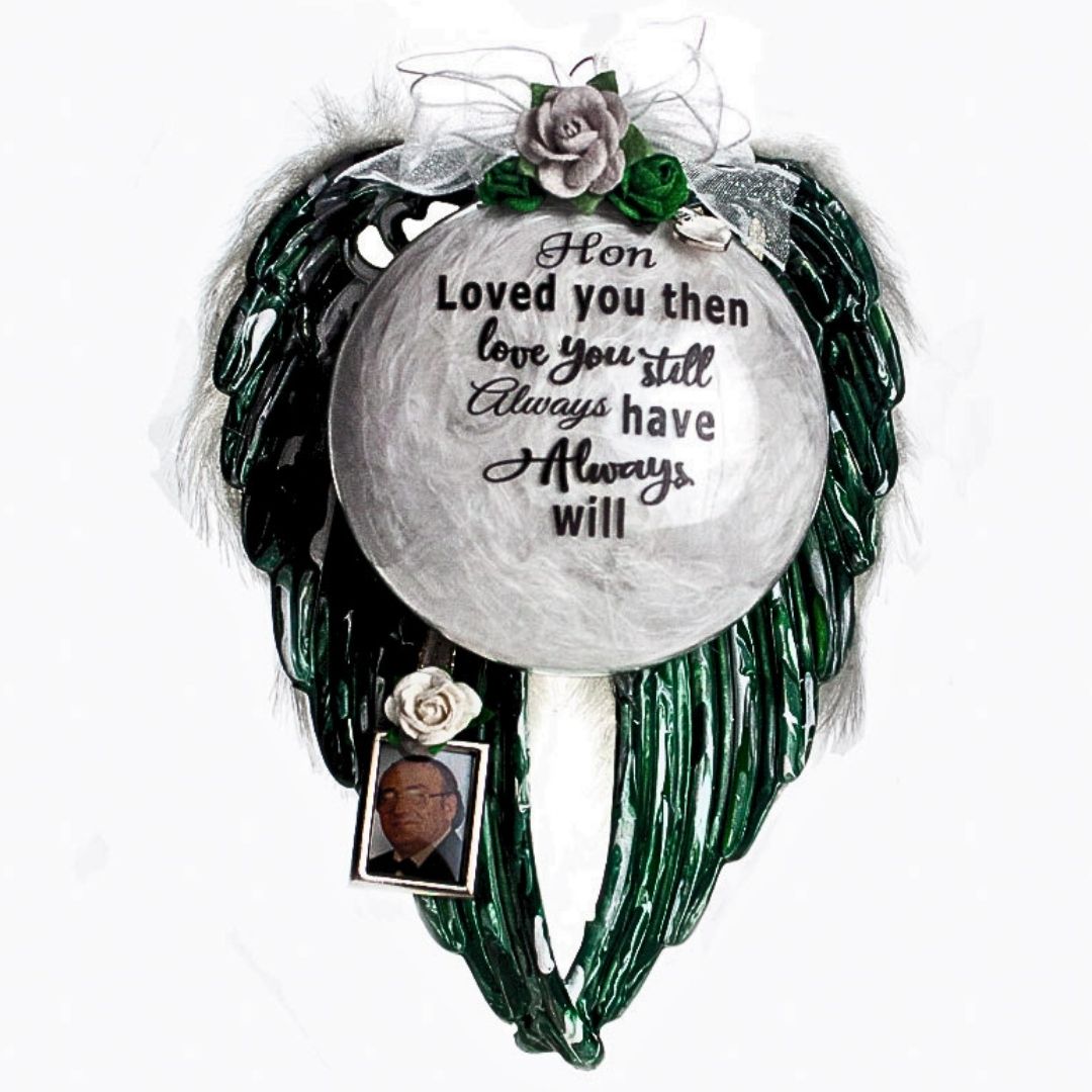 Green angel wings memorial ornament with engraved verse and custom photo charm, acrylic wedding remembrance display