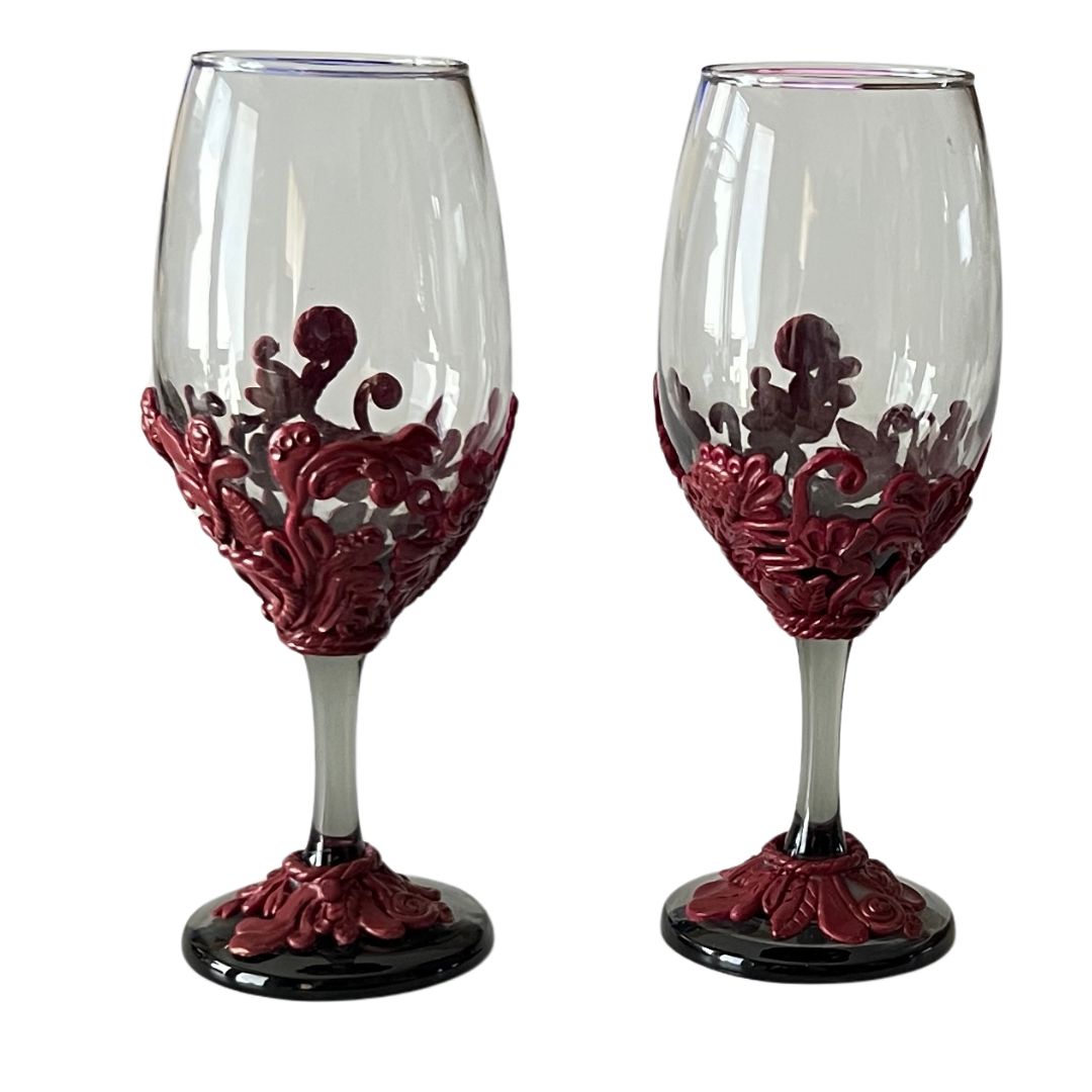 Hand sculpted burgundy wine glasses set of 2 on smoky black stemware