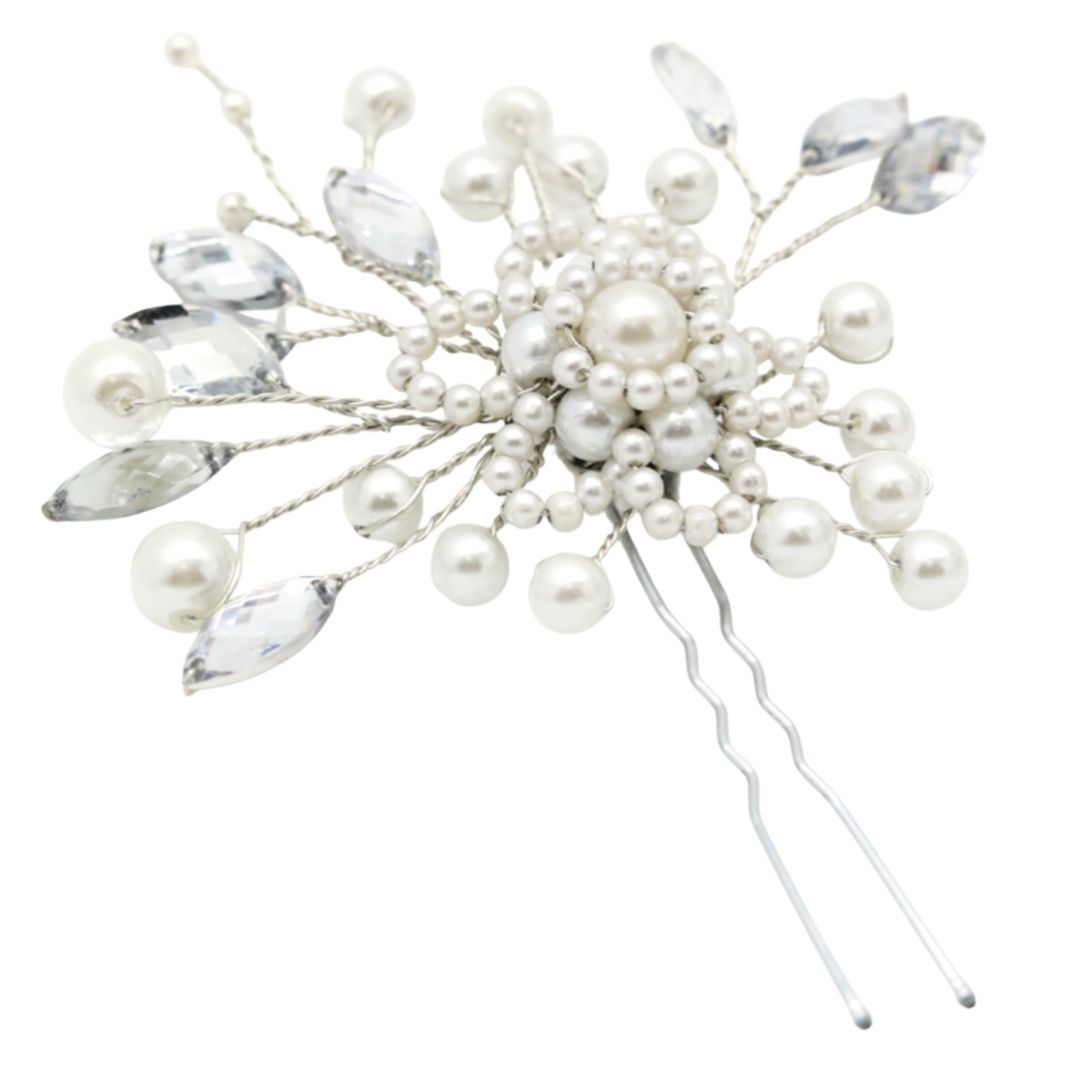 Ivory pearl floral hair pin with marquise crystals and silver wire branches for bridal or formal hairstyles