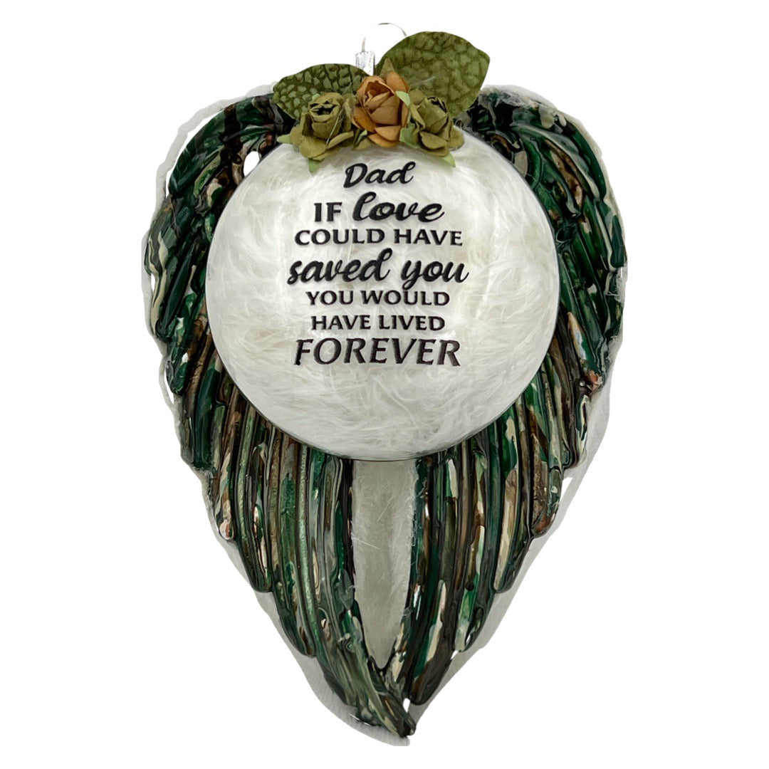 Acrylic pour memorial angel wing ornament variation camo/hunter.