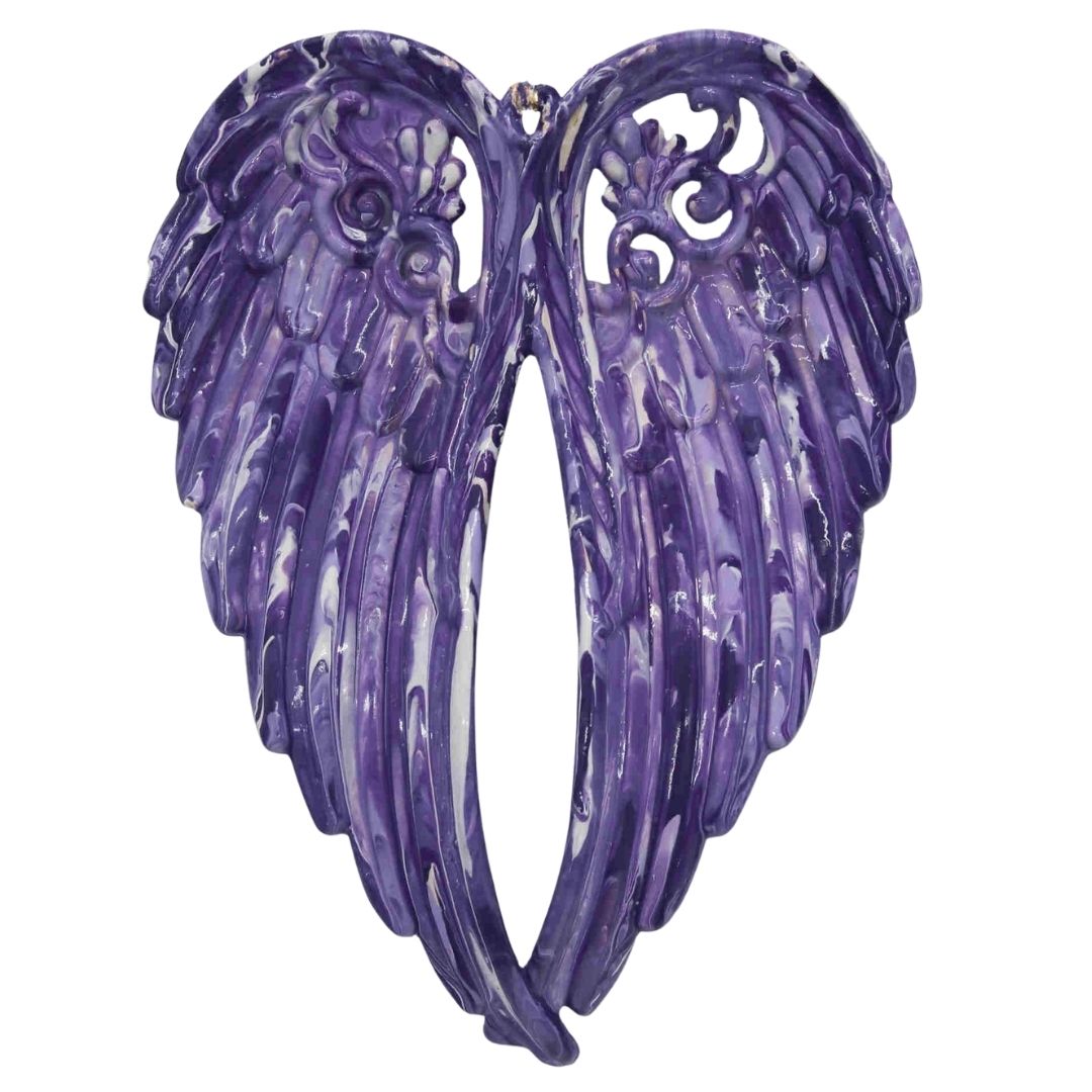 Purple and lavender angel wings acrylic base showing hand poured design for memorial ornament without center disc