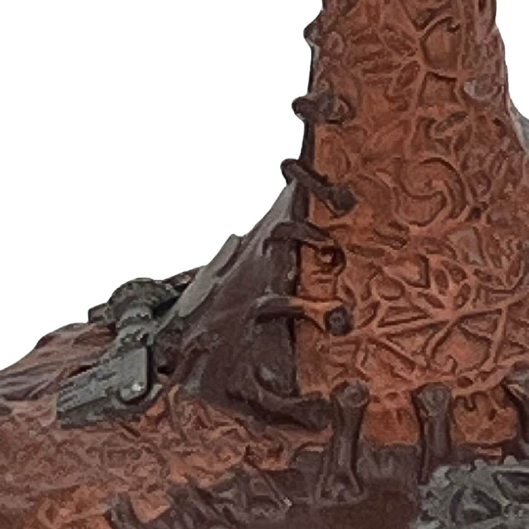 Close-up of steampunk wine glass with mechanical gear details and hand sculpted textured polymer clay in a copper finish by Daree’s Designs