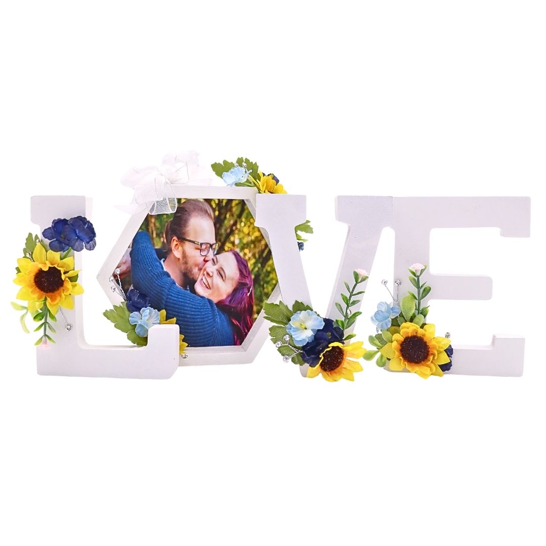 Handmade sunflower LOVE photo centerpiece with blue floral accents and couple photo, a unique gift for weddings, anniversaries, or meaningful home decor
