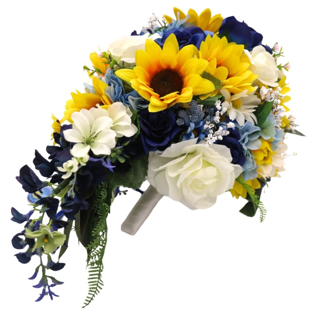 Sunflower and sapphire blue cascading bridal bouquet showing wrapped handle and underside structure with ivory roses and trailing greenery