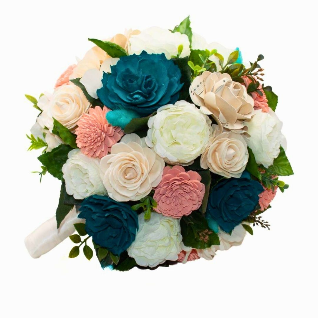 Turquoise and rose gold sola wood bridal bouquet with blush and white silk flowers