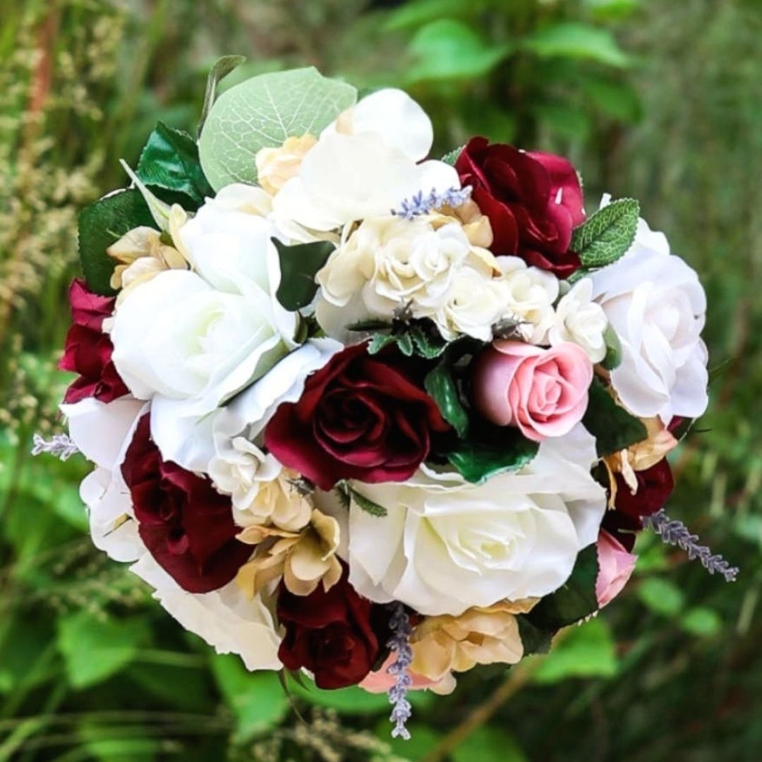 Victorian silk rose wedding bouquet in burgundy, blush, mauve and cream with lavender accents by Daree's Designs