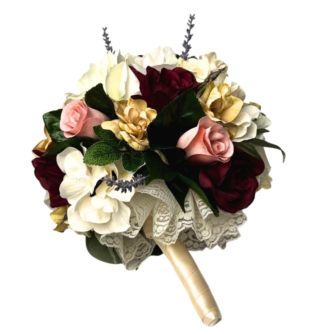 Handmade Victorian silk bridal bouquet in burgundy, blush, gold and cream with lace comfort handle