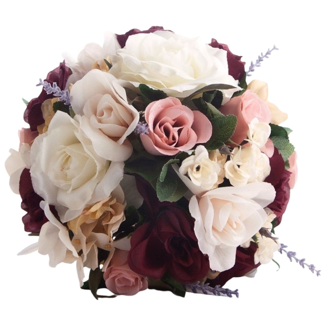 Victorian silk rose wedding bouquet in burgundy, blush, mauve and cream with lavender accents by Daree's Designs