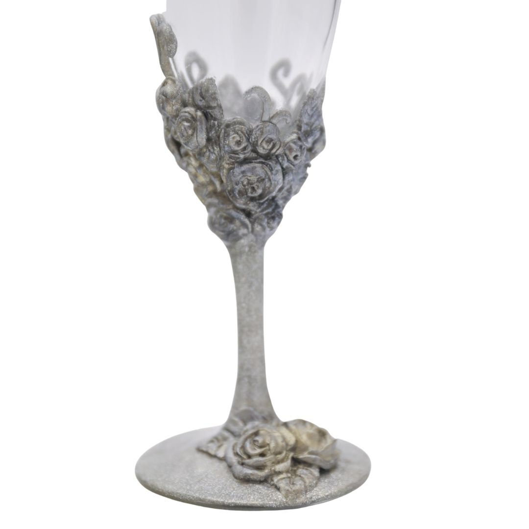 Single Victorian inspired champagne flute with sculpted silver roses and metallic floral stem