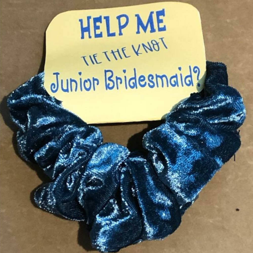 This jr. bridesmaids/flower girl proposal includes a hair scrunchie a note. Pick what message you would like or create your own personalized message. Arrives in a cute keepsake gift box.
