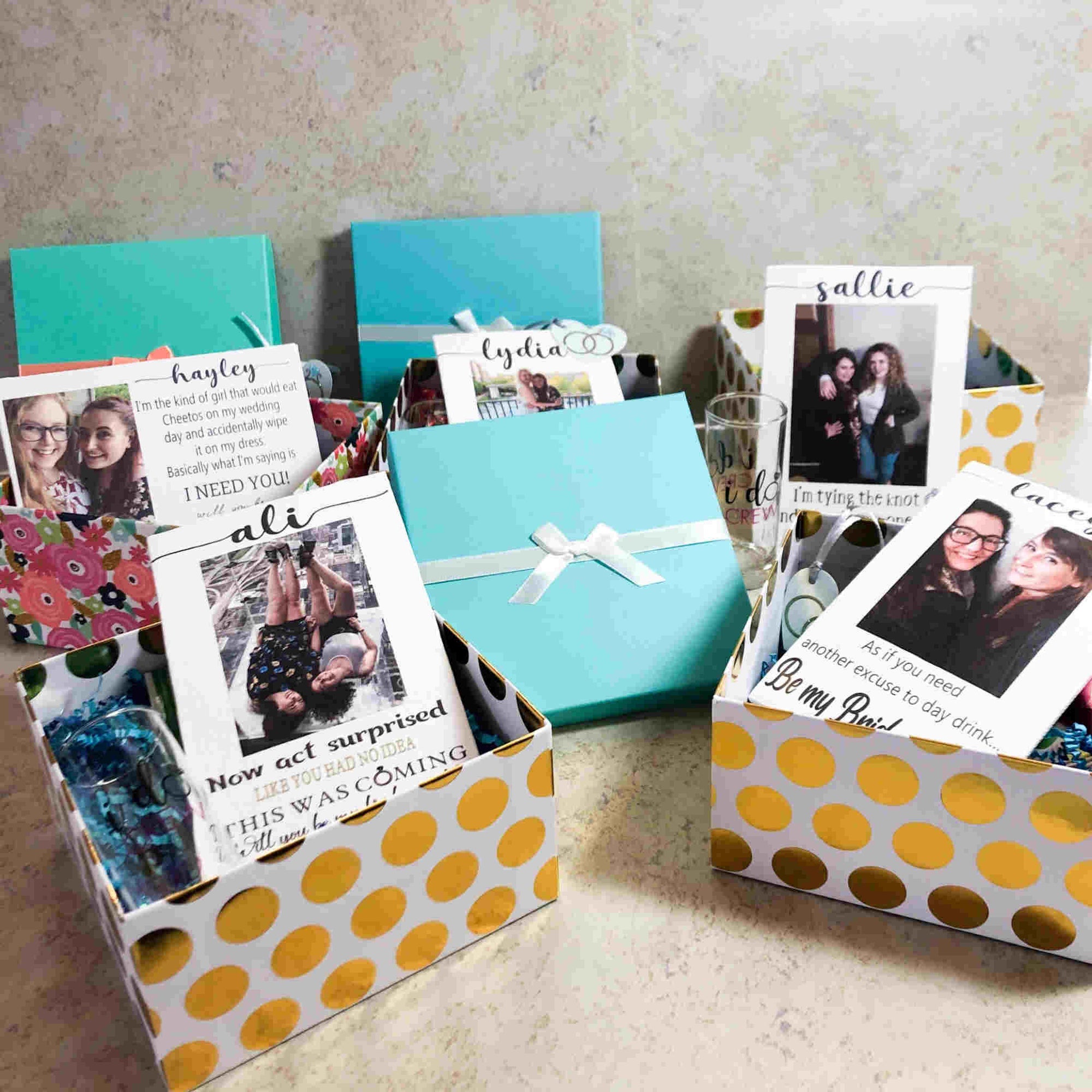 Add these enchanting gifts to formally ask your wedding attendants to take their place on your special day. Designed using personalized photo canvas' with customized wording on each to fit the couple's attendant.