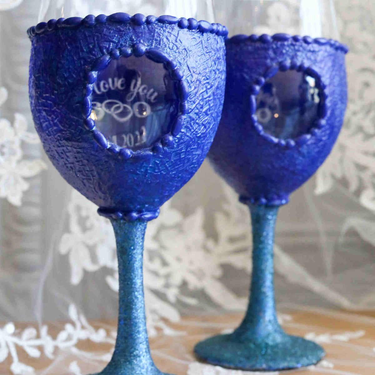 Sapphire Peek-a-Boo Blue Sculpted Wine Glasses