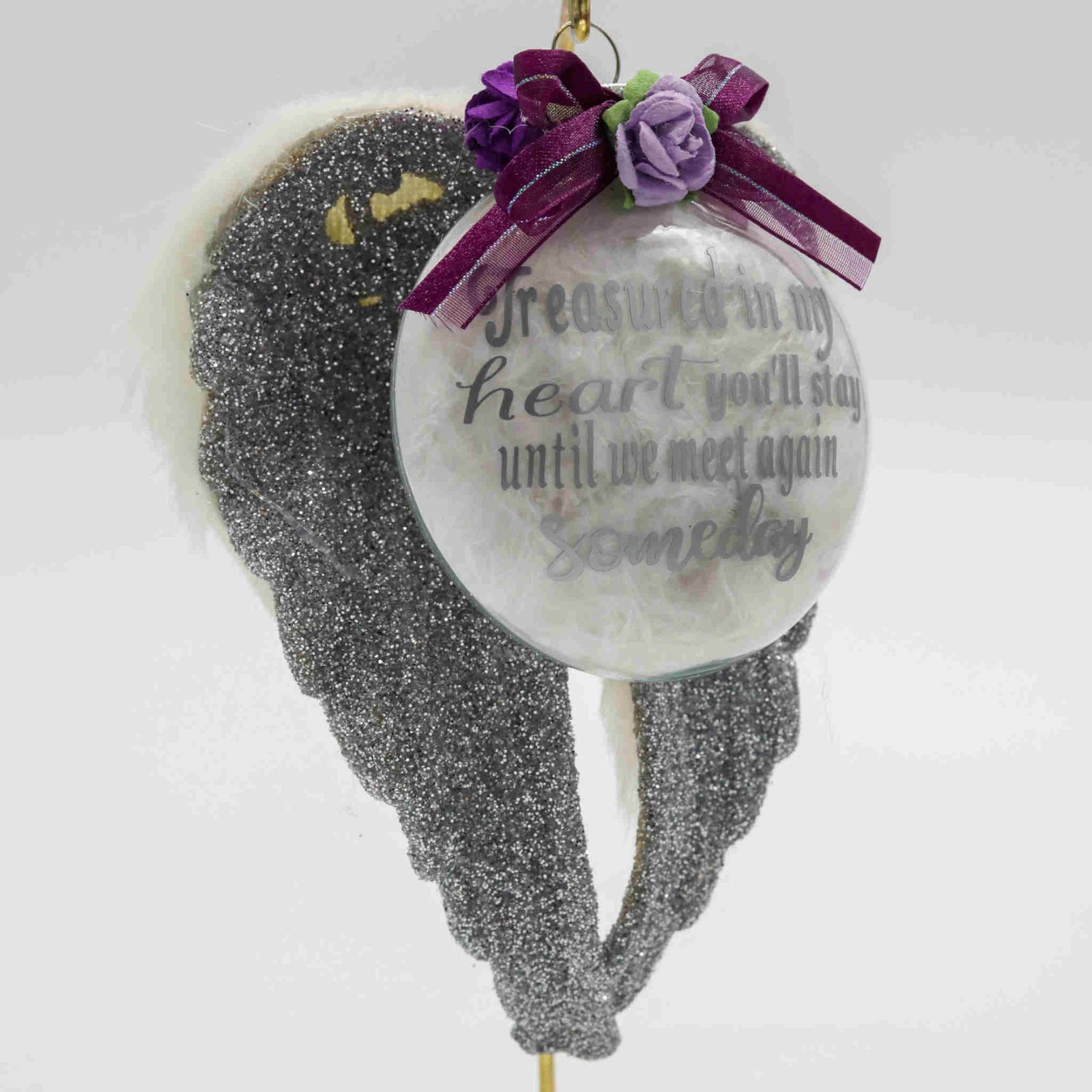 These acrylic ornaments are made in a variety of colors with custom verses, and adorned with glitter, feathers, fur, charms, flowers, or other decorative elements dependent on your selection.