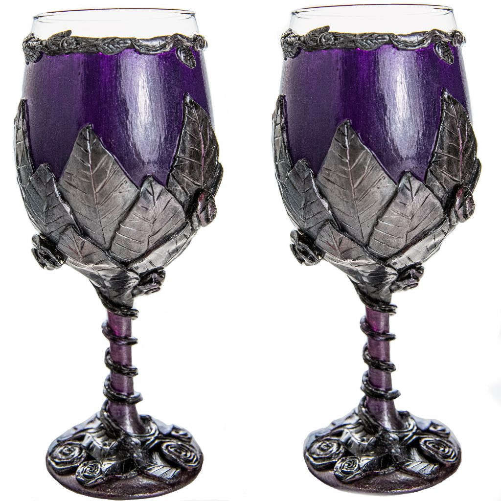 Purple and Pewter Rose, Leaves and Vine Sculpted Wine Glass Set