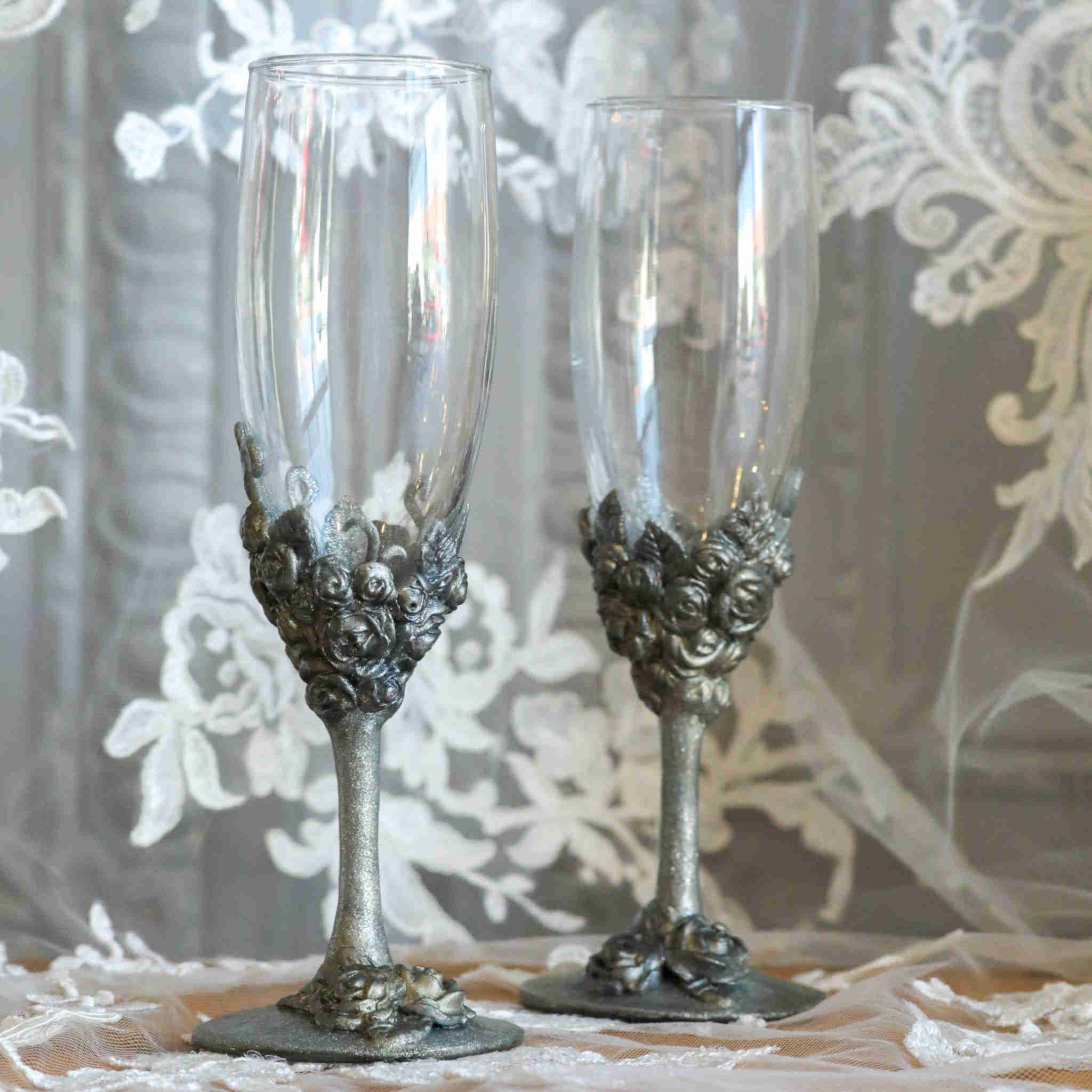 Lot De 2 Flûtes à Champagne Argentées Élégantes - Hauteur 25 Cm, Volume 100 Ml