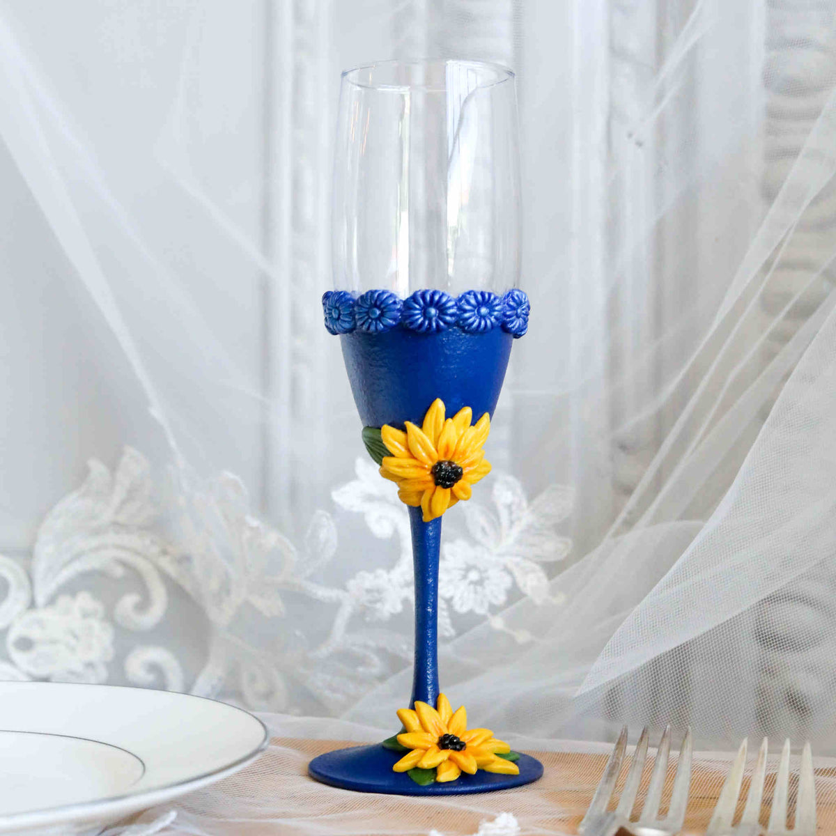 Sunflower and Sapphire Sculpted Champagne Flutes
