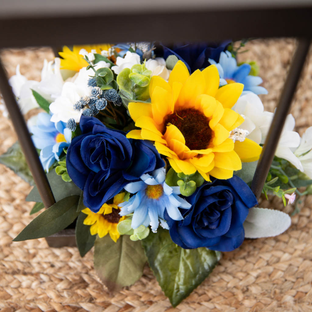 Sunflower and Sapphire Roses Lantern Lighted Centerpiece