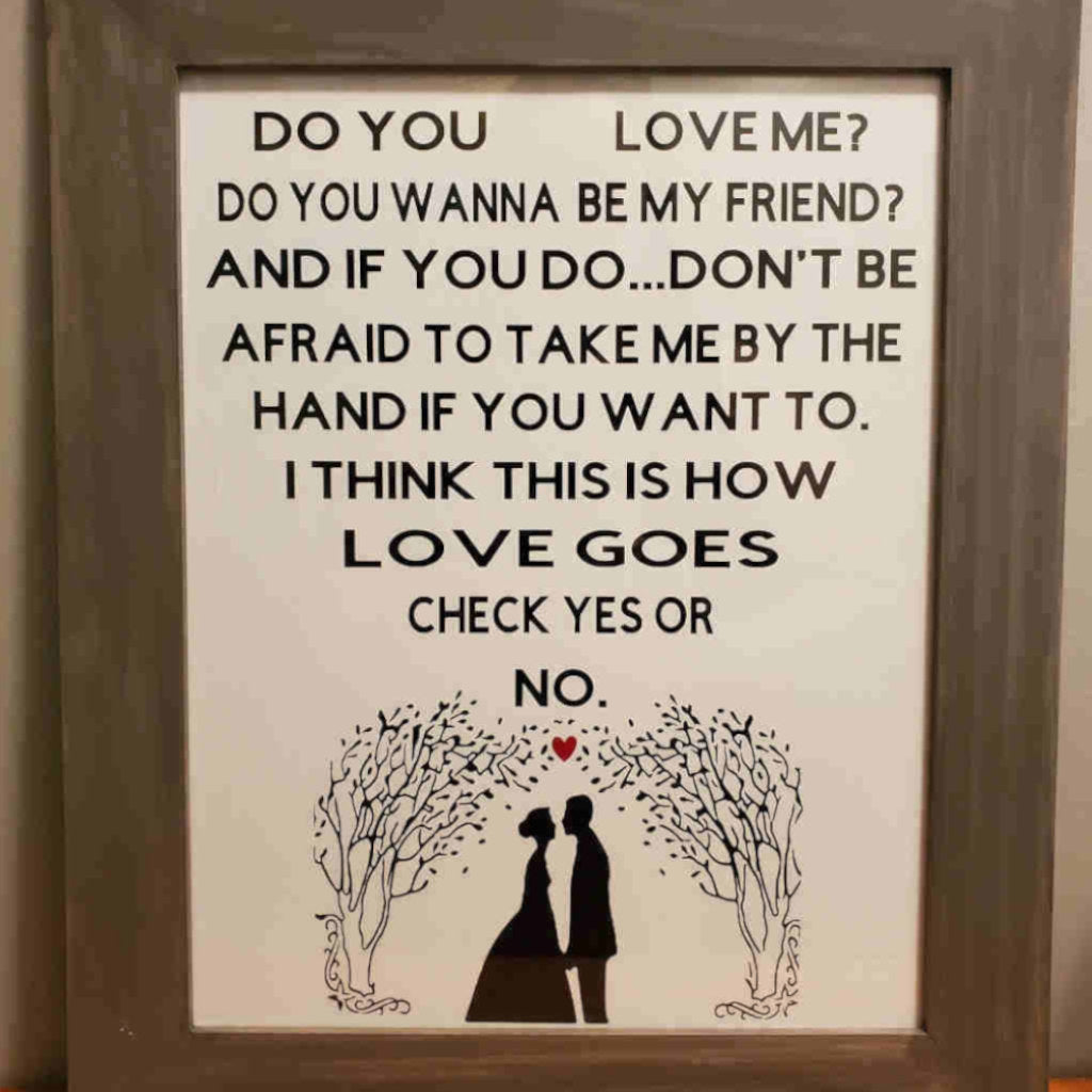 The pine wood frames a premium vinyl quote that sits behind a pane of glass. Each quote can be customized specifically for you.